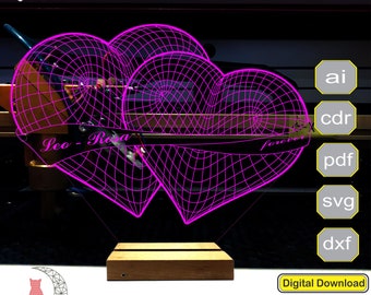 May include: Two pink 3D printed hearts with a wooden base. The hearts are intertwined and have a wireframe design. The text "Leo - Rosa forever" is inscribed on the hearts. The image is a digital download available in AI, CDR, PDF, SVG, and DXF formats.