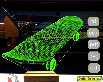 Skateboard 3D lamp file, plan for cnc laser engraving, 3D night light making file.