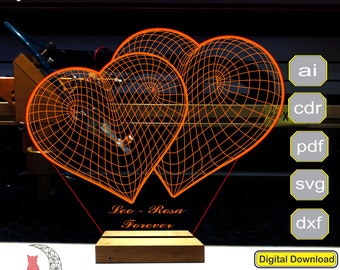 May include: A 3D printed night light shaped like two intertwined hearts. The hearts are orange and have a wireframe design. The base of the night light is made of wood and has the text "Leo - Rosa Forever" engraved on it.