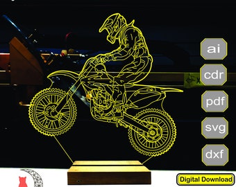 Plik lampy 3D Motocross Rider, plan grawerowania laserowego cnc, plik tworzenia światła nocnego 3D.