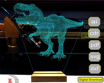 May include: A digital download of a 3D model of a Tyrannosaurus Rex dinosaur. The model is shown in a blue wireframe style. The image also shows the file formats available for download: ai, cdr, pdf, svg, and dxf.