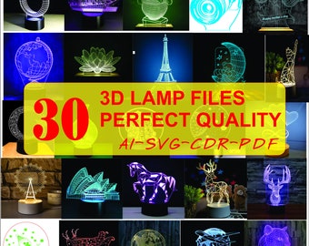30 3D Vector Illusion lamp files, night light files, laser cnc svg, ai, cdr, dxf, pdf