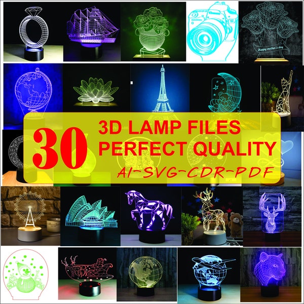 30 3D Vektor Illusion Lampe Dateien, Nachtlicht Dateien, Laser cnc svg, ai, cdr, dxf, pdf