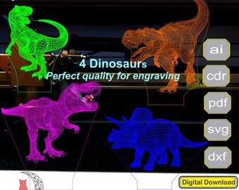 May include: Four digital files for laser cutting, each depicting a different dinosaur silhouette. The dinosaurs are green, orange, pink, and blue. The files are labeled with the file extensions AI, CDR, PDF, SVG, and DXF. The text "4 Dinosaurs" and "Perfect quality for engraving" is also visible.