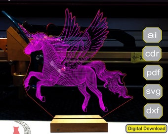 Unicorn 3D lamp file, plan for cnc laser engraving, 3D night light making file.
