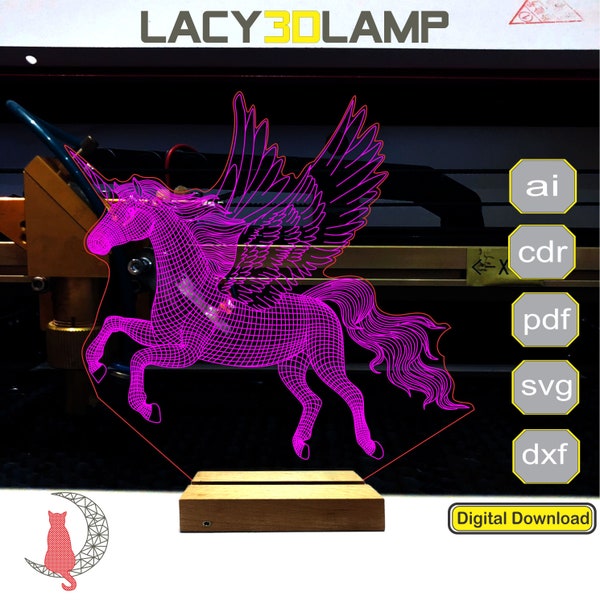 Unicorn 3D lamp file, plan for cnc laser engraving, 3D night light making file.