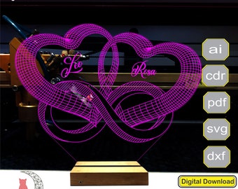 May include: A digital download of a 3D lamp design featuring two intertwined hearts with the names "Leo" and "Rosa" written inside. The design is in a pink wireframe style and is suitable for creating a custom 3D lamp.