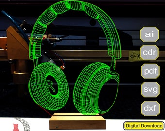 Hoofdtelefoon 3D-lampbestand, plan voor cnc-lasergravure, 3D-nachtlicht maken bestand.