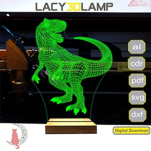 3D-lampfil med raptor-dinosaurier, plan för CNC-lasergravering, fil för tillverkning av 3D-nattlampor.