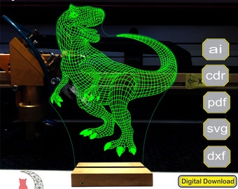 Könnte beinhalten: Grünes 3D-gedrucktes Dinosauriermodell, eine digitale Download-Datei für eine Laser-Schneidelampe. Die verfügbaren Dateiformate sind AI, CDR, PDF, SVG und DXF. Digitaler Download.