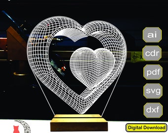 Double Heart 3D lamp bestand, plan voor cnc laser graveren, 3D nachtlampje maken bestand.