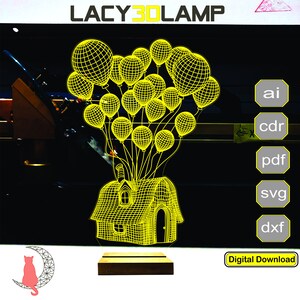 May include: A digital download of a 3D lamp design featuring a house with balloons. The design is in a yellow wireframe style. The image also includes the text "LACY 3D LAMP" and "Digital Download".