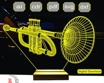 Trumpet 3D lamp file, plan for cnc laser engraving, 3D night light making file.