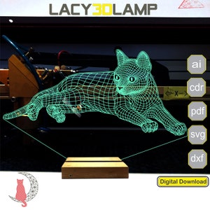 May include: Digital download of a 3D model of a cat, shown as a green wireframe on a wooden base. The image also shows the file types available for download: ai, cdr, pdf, svg, and dxf.