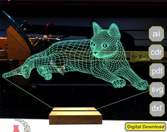 Cat 3D lamp file, plan for cnc laser engraving, 3D night light making file.