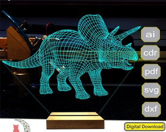 Könnte beinhalten: Digitaler Download eines 3D-Modells eines Triceratops-Dinosauriers. Das Modell besteht aus einem Drahtgitterdesign und wird auf einer Holzbasis gezeigt. Die verfügbaren Dateiformate sind AI, CDR, PDF, SVG und DXF.