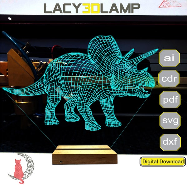 Archivo de lámpara 3D de dinosaurio Triceratops, plan para grabado láser cnc, archivo de creación de luz nocturna 3D.