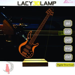 Może przedstawiać: Cyfrowy pobranie pliku projektu lampy 3D w kształcie gitary basowej. Obraz przedstawia pomarańczowy zarys gitary basowej na czarnym tle. Plik jest dostępny w formatach AI, CDR, PDF, SVG i DXF. Pobieranie cyfrowe.