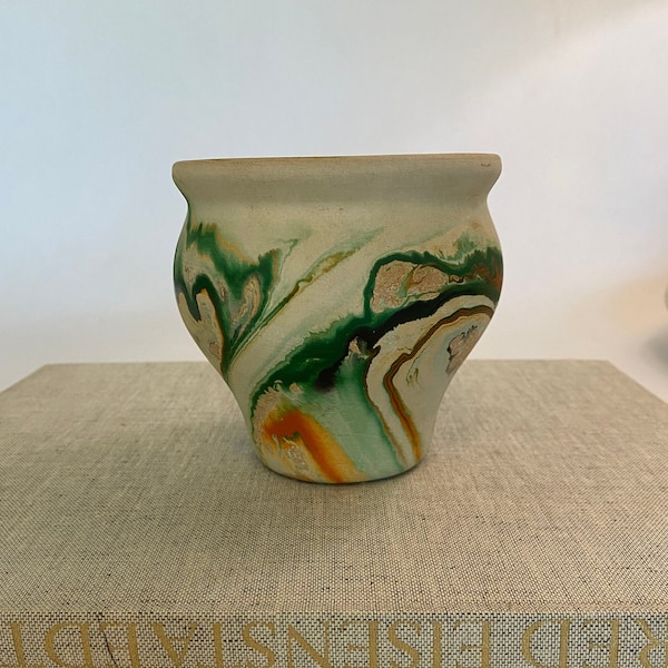 Nemadji Pottery Small Vase - Green and Orange Glazed Design