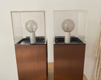 Rare Lightolier Cubic Wall Lamp/Sconce, Working Condition, Dual Light, Plexiglass and Brushed Copper – A Pair