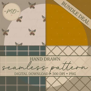 Op de afbeelding: Een digitale afbeelding met vier verschillende naadloze patronen: een taupe achtergrond met kleine vlinders, een mosterdgeel veld met witte stippen, een donkergroen en beige ruitpatroon en een beige ruitjesnet. De tekst luidt BUNDLE DEAL en HAND DRAWN seamless pattern DIGITAL DOWNLOAD 300 DPI PNG.