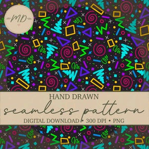 May include: A digital seamless pattern featuring a black background with colorful hand-drawn geometric shapes including yellow rectangles, purple triangles, pink spirals, and green zig-zags. Text reads: HAND DRAWN seamless pattern DIGITAL DOWNLOAD 300 DPI PNG.