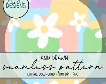 Pastelkleurig patchwork madeliefjes naadloos patroon | Digitaal handgetekend bloemenpapier