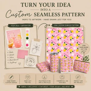 May include: A custom seamless pattern service display featuring the text TURN YOUR IDEA INTO A CUSTOM SEAMLESS PATTERN. It shows a pink background with yellow lemon slices, white flowers, and striped straws, applied to a tumbler, notebook, and pouch.
