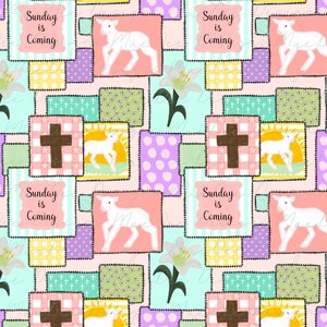 Może przedstawiać: Wz&oacute;r patchwork z pastelowymi kwadratami z symbolami religijnymi. Wz&oacute;r zawiera białe jagnięta, brązowe krzyże i tekst "Sunday is Coming" na r&oacute;żowych i niebieskich tłach. Kwiatowe i kropkowane wzory dopełniają projekt.