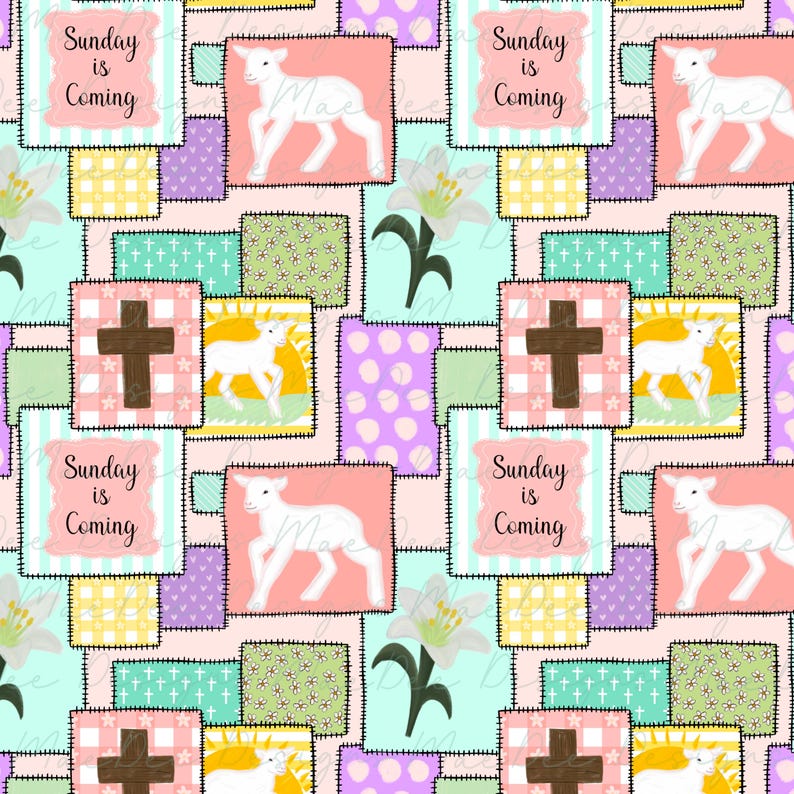 Może przedstawiać: Wz&oacute;r patchwork z pastelowymi kwadratami z symbolami religijnymi. Wz&oacute;r zawiera białe jagnięta, brązowe krzyże i tekst "Sunday is Coming" na r&oacute;żowych i niebieskich tłach. Kwiatowe i kropkowane wzory dopełniają projekt.