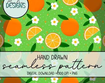 Grillig oranje bosje naadloos patroon op groen | Handgetekend digitaal papier met citrusvruchten en bloemen