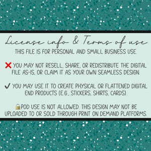 Może przedstawiać: Turkusowe tło z białym brokatem i czarną obw&oacute;dką. Tekst brzmi "License info & Terms of use" i szczeg&oacute;łowo opisuje dozwolone i zabronione użycie pliku cyfrowego.