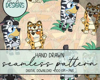 Psie siostry w strojach Wild – niestandardowy bezszwowy wzór | Ręcznie rysowany papier cyfrowy