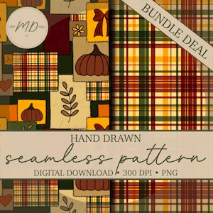 May include: A digital seamless pattern featuring a patchwork design with autumn motifs including pumpkins, leaves, hearts, and bows in shades of orange, brown, green, and yellow, alongside a plaid section with the text BUNDLE DEAL and HAND DRAWN seamless pattern.