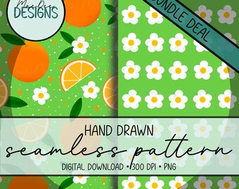 Bundel met speels oranje en madeliefje in groen naadloze patroon | Handgetekend digitaal papier met citrusvruchten en bloemen
