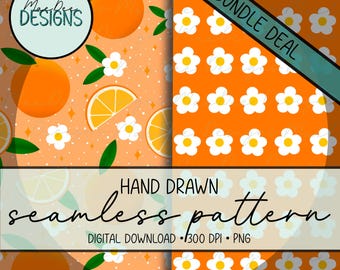 Bundel met speelse sinaasappel- en madeliefjesbosjes | Handgetekend digitaal papier met citrusvruchten en bloemen