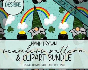 Bundel met naadloze patronen en cliparts Lucky Gnome | St. Patrick's Day (digitale download)