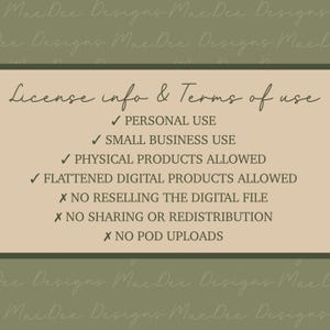May include: A rectangular licence information and terms of use document with a beige centre and olive green border. The text lists permissions including personal use, small business use, physical products, and flattened digital products, with restrictions.