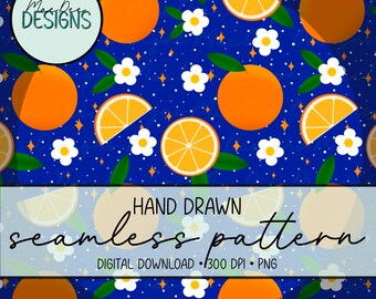 Grillig oranje bosje naadloos patroon op blauw | Handgetekend digitaal papier met citrusvruchten en bloemen