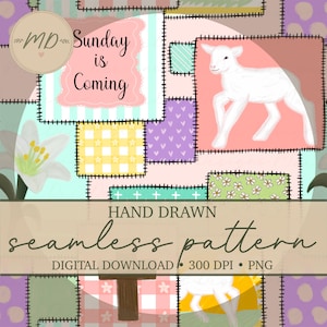 Op de afbeelding: Een naadloos digitaal patroon met een patchworkontwerp met diverse vierkanten, waaronder een wit lammetje, gele vichy-ruitjes, paarse hartjes, groene madeliefjes en een roze label met de tekst Sunday is Coming en de initialen MD.