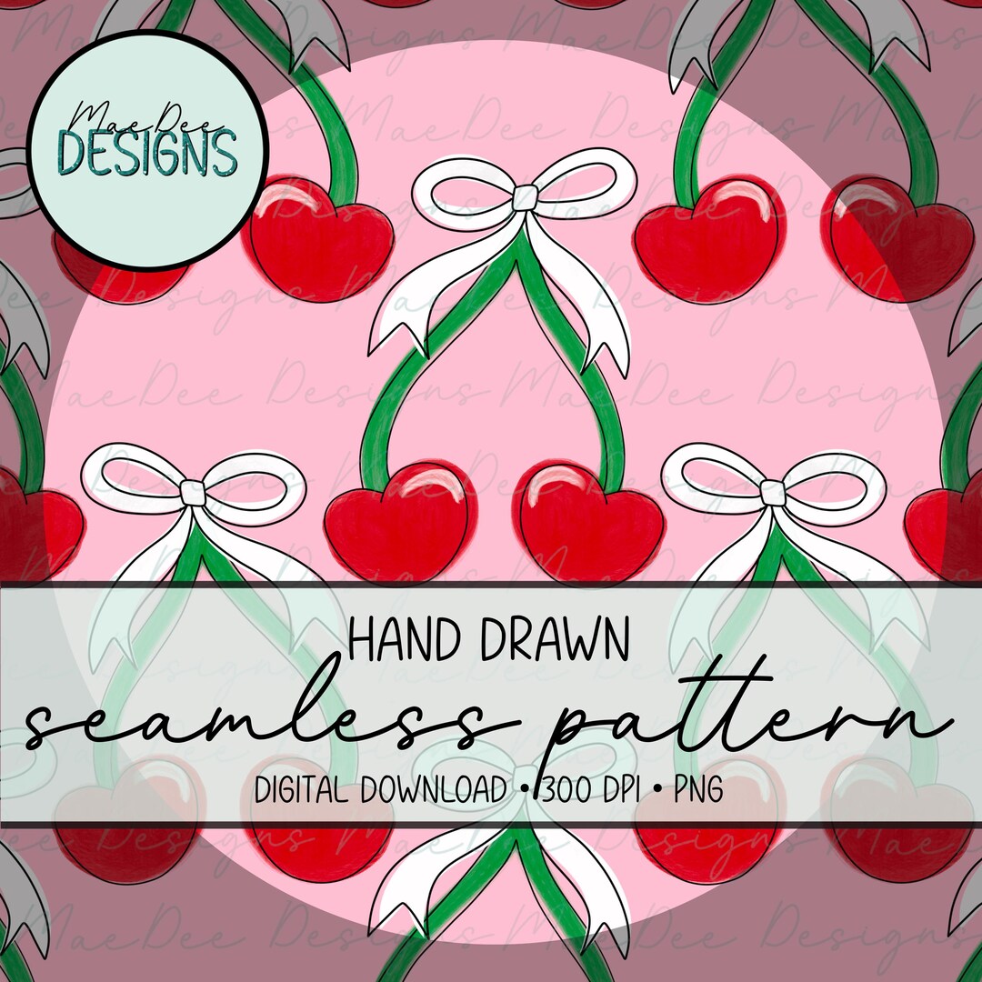 Cherry Bow Seamless Pattern | Pink Retro Digital Paper (digital ...