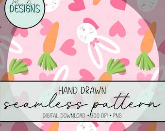 Handgetekend konijntje naadloos patroon | Leuk digitaal paaspapier | Herhaling konijn en wortel | Valentijn lente, png