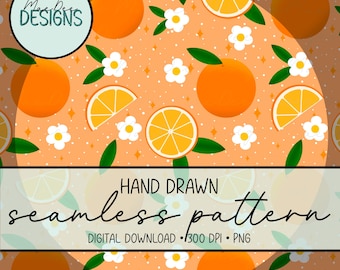 Fantazyjny, bezszwowy wzór z gaju pomarańczowego na pomarańczowym tle | Ręcznie rysowany papier cyfrowy z motywem cytrusów i kwiatów