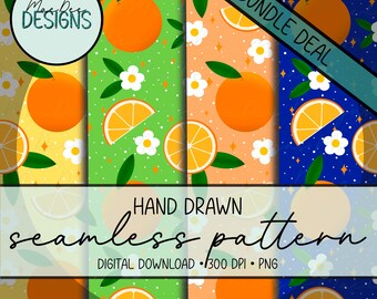 Bundel met grillig oranje bosje naadloze patroon | Handgetekend digitaal papier met citrusvruchten en bloemen