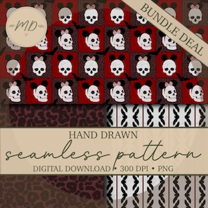 Paquete de patrones sin costuras de patchwork de calaveras de ratón espeluznantes / Papel digital de Halloween dibujado a mano / Coordenadas de calavera, leopardo y murciélago / PNG de 300 DPI