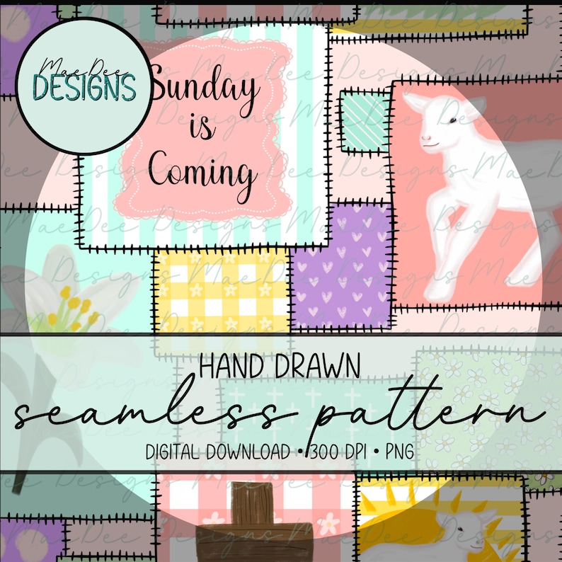 Może przedstawiać: Cyfrowy bezszwowy wz&oacute;r w stylu patchwork. Projekt zawiera jagnię, elementy kwiatowe i tekst "Sunday is Coming". Wz&oacute;r jest ręcznie rysowany i dostępny do pobrania cyfrowego.