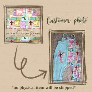May include: A sleeveless romper featuring a split design with a solid light blue side and a patterned side. The pattern consists of a patchwork grid of squares in pink, green, and yellow, decorated with brown crosses, white lambs, and the text Sunday is Coming.