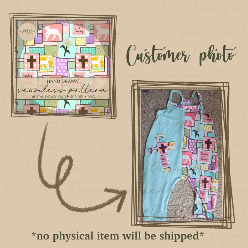 May include: A sleeveless romper featuring a split design with a solid light blue side and a patterned side. The pattern consists of a patchwork grid of squares in pink, green, and yellow, decorated with brown crosses, white lambs, and the text Sunday is Coming.