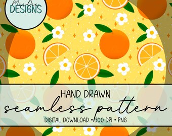 Grillig oranje bosje naadloos patroon op geel | Handgetekend digitaal papier met citrusvruchten en bloemen