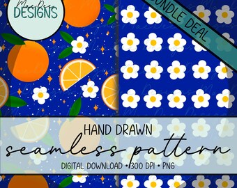 Fantazyjny zestaw z gajem pomarańczy i stokrotek w kolorze niebieskim, bez szwu | Ręcznie rysowany papier cyfrowy z motywem cytrusów i kwiatów